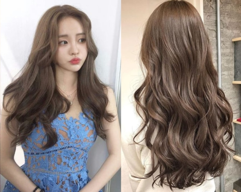 toc-dai-uon-1 Hai hình ảnh tóc dài, xoăn nhẹ màu nâu; bên trái là người mặc váy xanh, bên phải là góc nhìn từ phía sau.