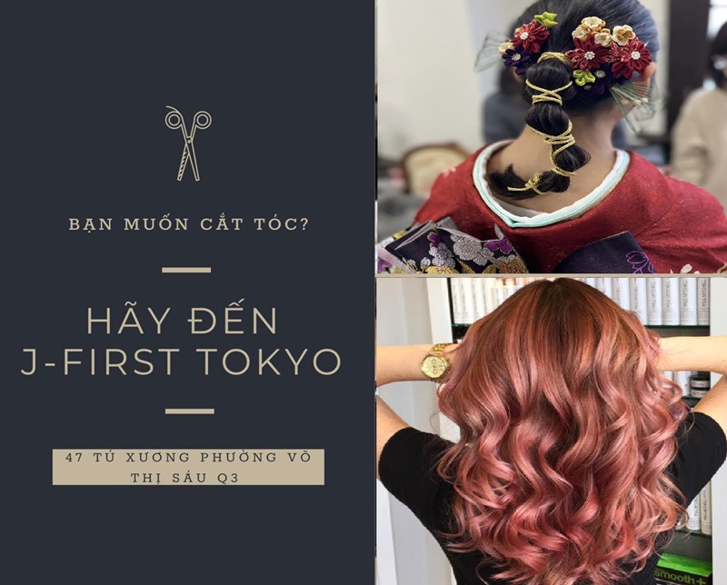 Quảng cáo tiệm làm tóc với hình ảnh tóc truyền thống và hiện đại, địa chỉ tại Tokyo.