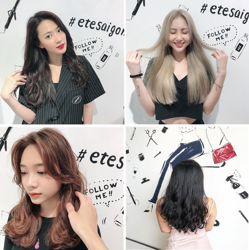 Bốn bức ảnh chụp kiểu tóc đa dạng của phụ nữ trước nền trắng có hình vẽ và chữ "#etesaigon".