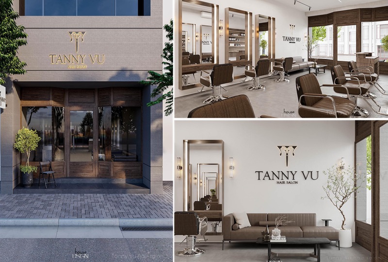 Mặt tiền và nội thất một tiệm salon tóc hiện đại với ghế, gương và trang trí cây xanh.