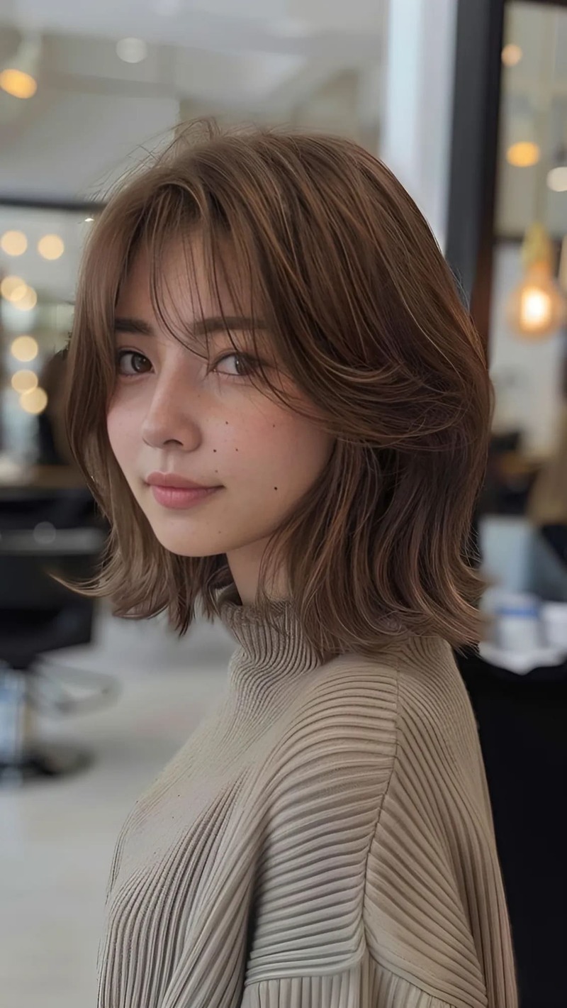 Người phụ nữ với mái tóc nâu ngắn, mặc áo len xếp ly, đứng trong một không gian nội thất hiện đại.