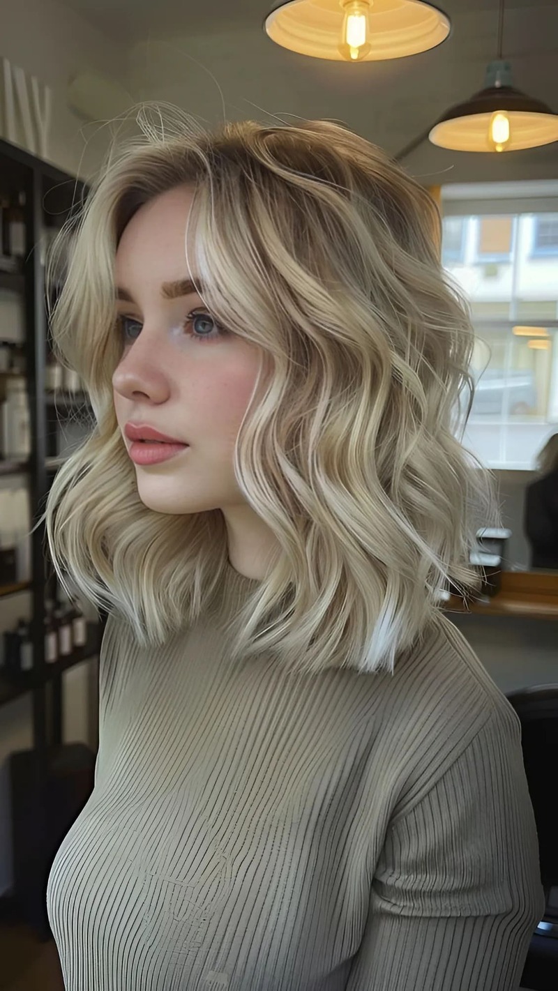 Người phụ nữ với mái tóc xoăn ngắn màu vàng, đứng trong một salon với đèn sáng và kệ sản phẩm phía sau.