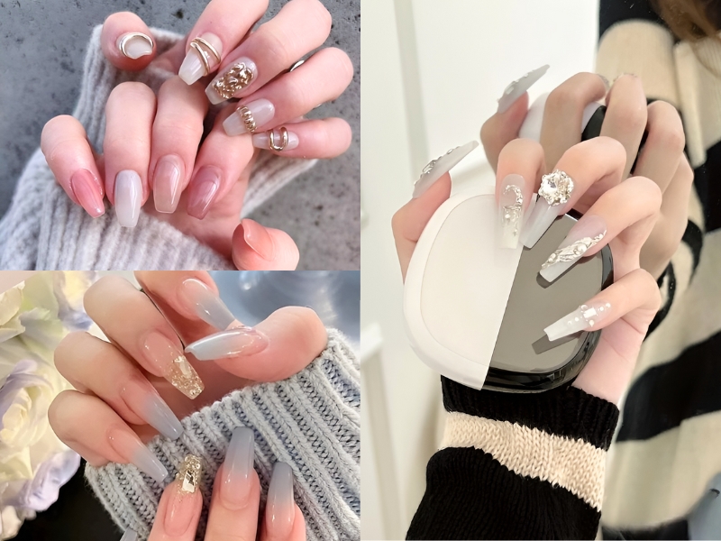 Ba mẫu móng tay dài được trang trí với nhiều kiểu dáng và họa tiết khác nhau, tạo vẻ đẹp tinh tế và sáng tạo.