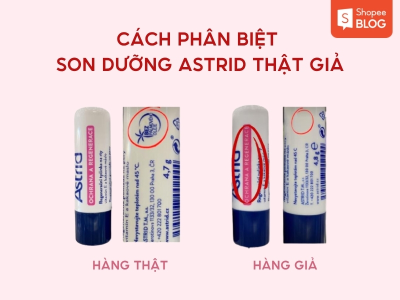02afd67d-son-duong-astrid-co-tot-khong-9 Hình ảnh so sánh son dưỡng Astrid thật và giả, với các chi tiết được khoanh tròn để phân biệt.