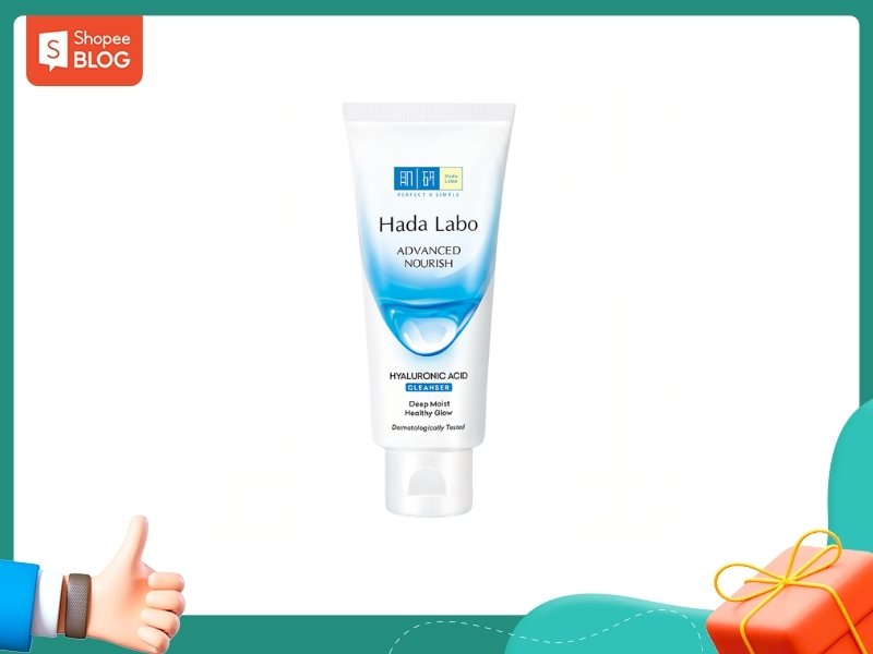 03ed679b-sua-rua-mat-cho-da-kho-nhay-cam-27 Hình ảnh chai sữa rửa mặt Hada Labo Advanced Nourish với nền trắng và các biểu tượng trang trí xung quanh.
