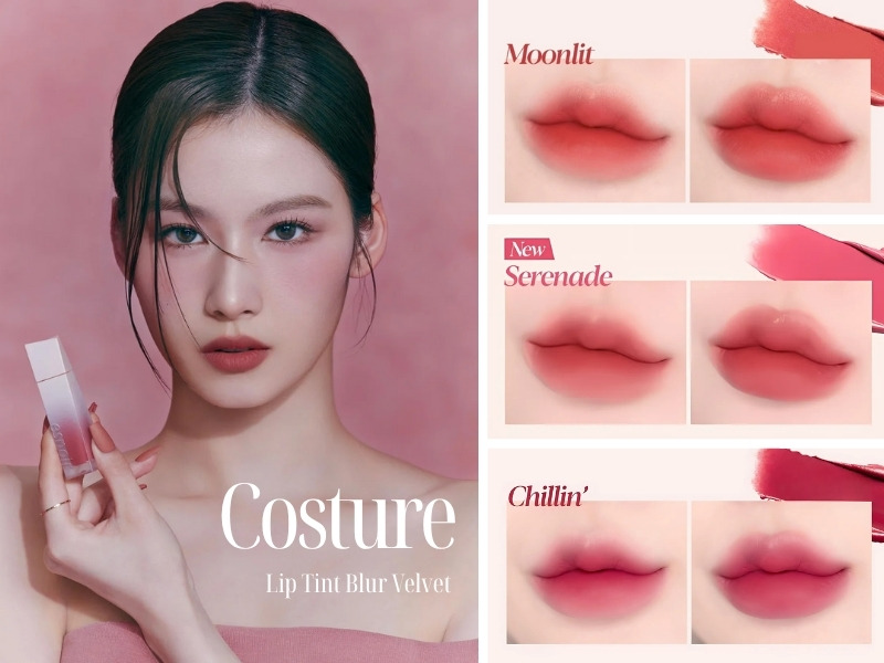 07e44c86-review-son-espoir-26 Người mẫu cầm sản phẩm son, bên phải là bảng màu son với ba tông: Moonlit, Serenade, Chillin’.