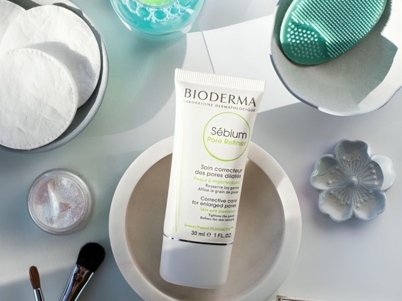 07ef8cc7-kem-duong-am-bioderma-cho-da-dau-mun-7 Tuýp kem dưỡng Bioderma Sébium Pore Refiner đặt trên bàn, xung quanh có bông tẩy trang và dụng cụ trang điểm.