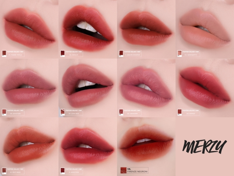 096b6390-son-merzy-mau-nao-dep-nhat-34 Bộ sưu tập son môi với nhiều tông màu khác nhau được trưng bày trên nền màu hồng nhạt.