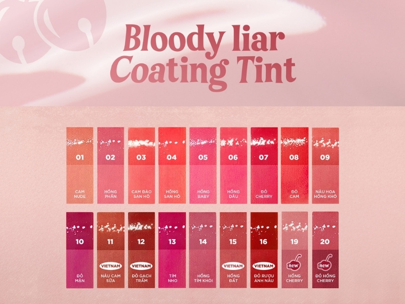 0b841fa2-son-li-lau-troi-4 Bảng màu son với 20 sắc thái khác nhau, từ cam nude đến đỏ hồng cherry, trên nền hồng nhạt.