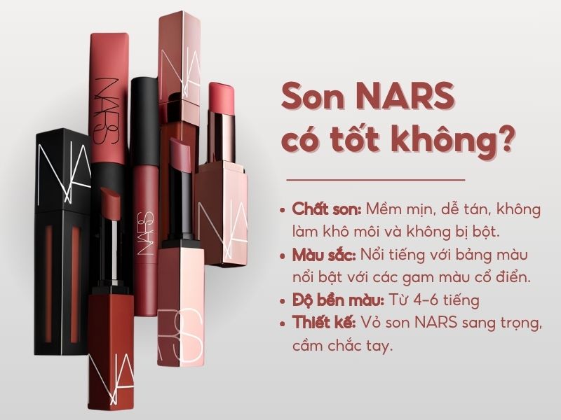 0cedbf35-review-son-nars-8 Hình ảnh quảng cáo son NARS với thông tin về chất son, màu sắc, độ bền màu và thiết kế vỏ son.