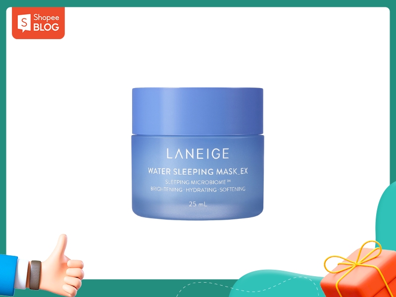 0d3495cf-review-mat-na-ngu-10 Hũ mặt nạ ngủ màu xanh dương, dung tích 25 mL, nền trắng, góc trái có biểu tượng tay giơ ngón cái.