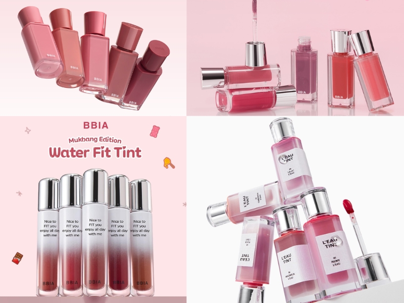 Nhiều lọ son môi với các sắc độ hồng và đỏ khác nhau, được sắp xếp trên nền màu hồng nhạt.
