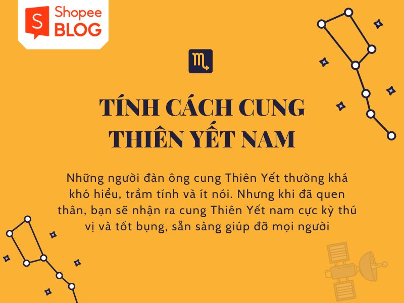 0ff5545d-thien-yet-hop-voi-cung-nao-3 Hình ảnh minh họa về tính cách cung Thiên Yết nam với nền màu cam và ký hiệu chòm sao.