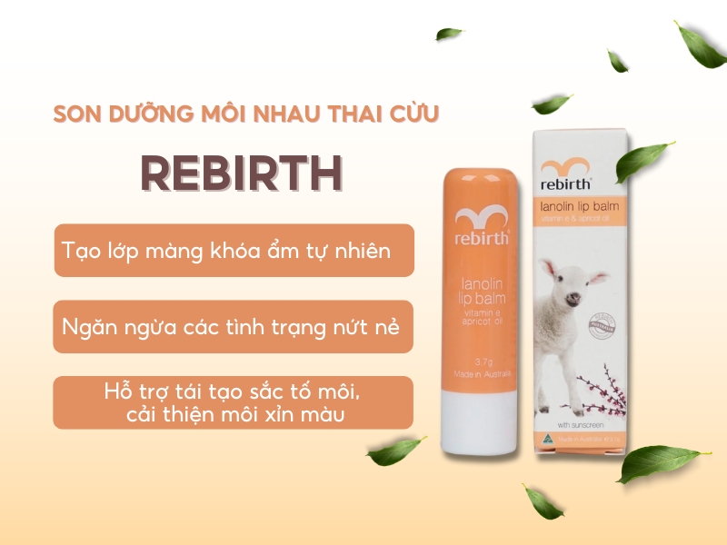 1078296c-son-duong-moi-nhau-thai-cuu-rebirth-co-tot-khong-1 Hình ảnh son dưỡng môi Rebirth, hộp bên cạnh có hình cừu, với thông tin công dụng và thành phần sản phẩm.