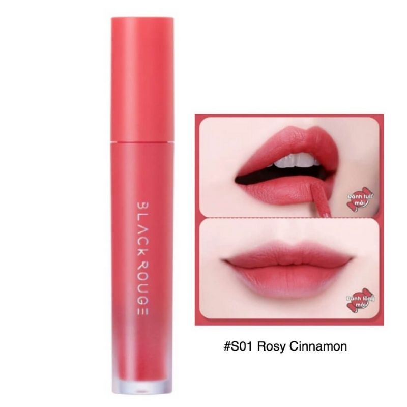 Son môi màu đỏ hồng cùng hình ảnh đôi môi áp dụng son, có chú thích màu #S01 Rosy Cinnamon.