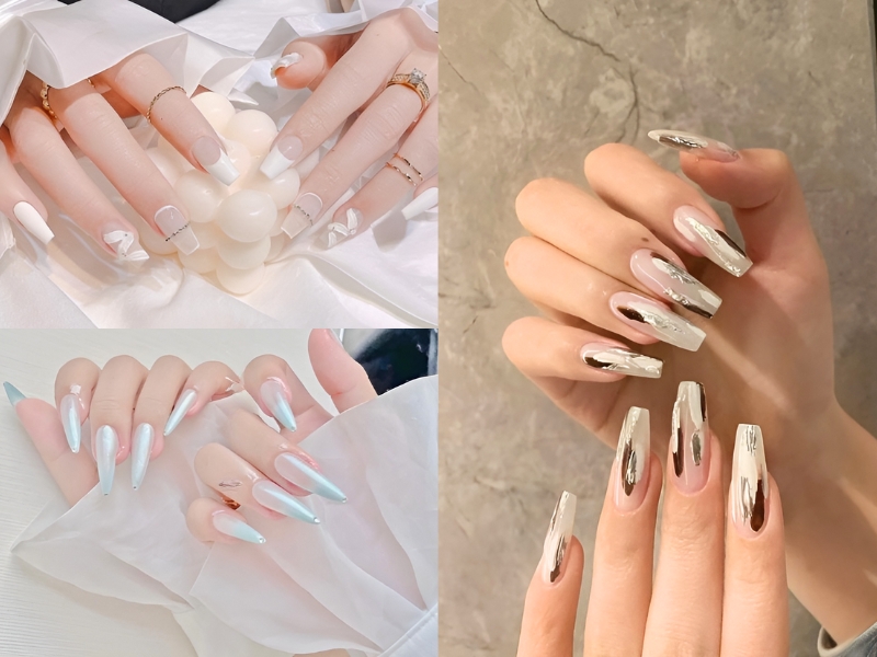 Ba kiểu móng tay với thiết kế và màu sắc khác nhau, gồm màu trắng, xanh và ánh kim trên nền vải và tường.