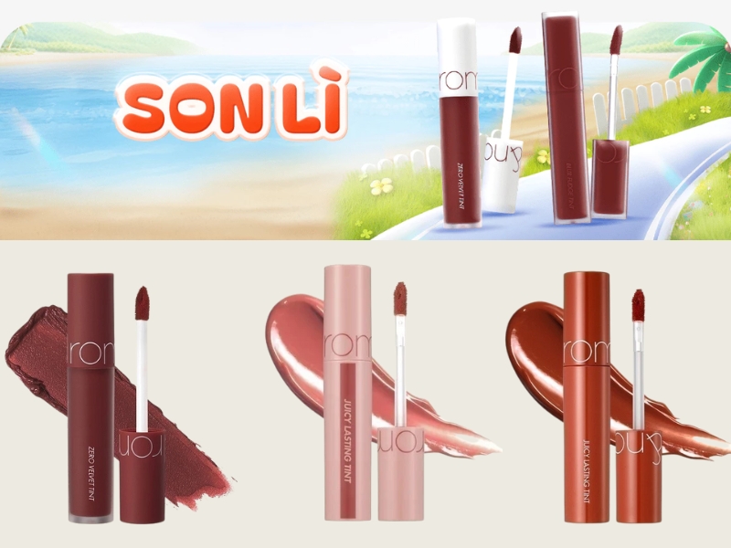 Ba loại son lì với cọ, nền biển mùa hè, màu sắc phong phú, thiết kế vỏ hiện đại và thu hút.