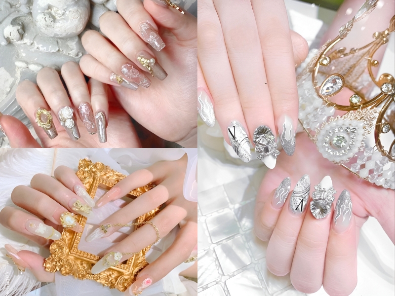Bộ móng tay được trang trí với họa tiết lấp lánh, phụ kiện ánh kim và hoa văn tinh xảo.