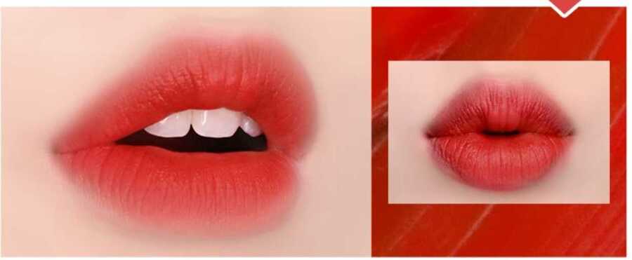 124c0886-mau-son-black-rouge-phu-hop-voi-hoc-sinh-1 Đôi môi được tô son đỏ đậm, với một hình cận cảnh và một hình nhỏ hơn kèm theo trên nền đỏ.