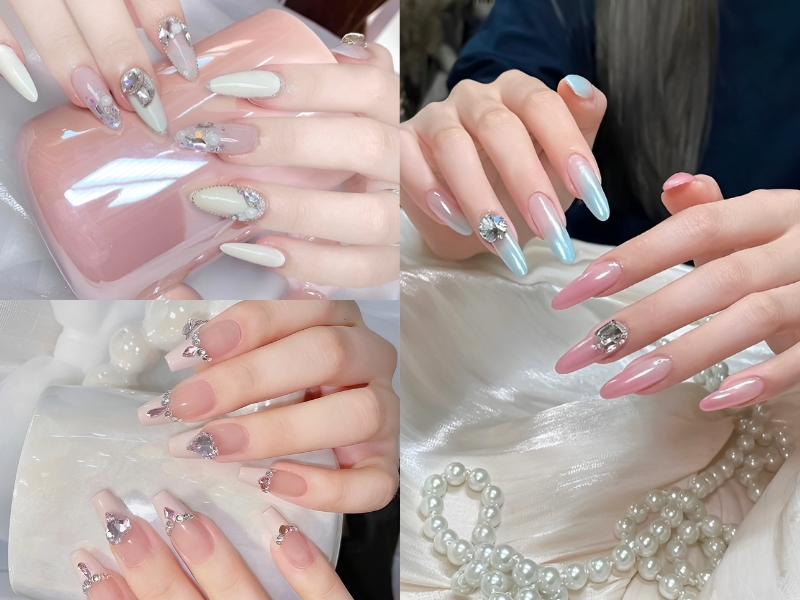 Ba hình ảnh tay với móng tay được trang trí cầu kỳ, đính đá và sơn màu ombre.