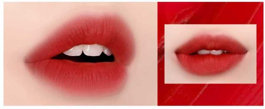 140a9ba6-mau-son-black-rouge-phu-hop-voi-hoc-sinh-2 Hình ảnh đôi môi được tô son đỏ, chụp cận cảnh với nền đỏ ở góc phải.