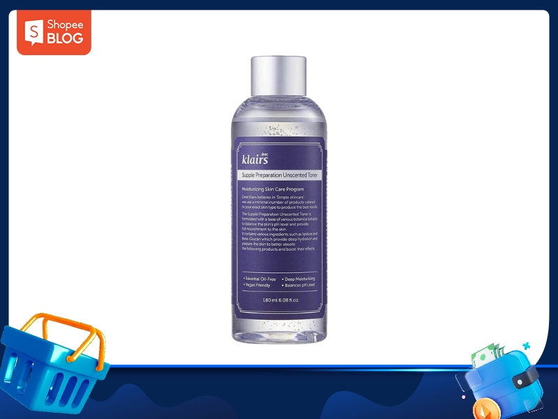 161d2388-toner-cho-da-thuong-6 Chai toner Klairs không mùi, dung tích 180ml, dùng để dưỡng ẩm và cân bằng da, nền trắng, góc dưới có giỏ hàng.
