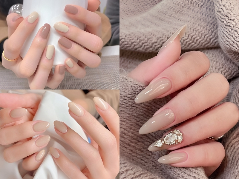 Bộ ba hình ảnh bàn tay với móng tay được sơn màu nude và trang trí nghệ thuật.