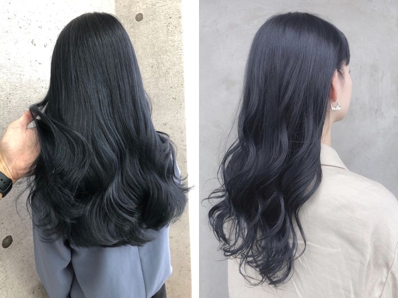 Hai kiểu tóc dài, uốn gợn sóng màu đen, nhìn từ phía sau và bên cạnh.