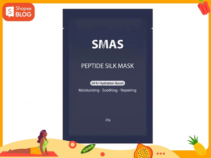 1d6e8971-18 Mặt nạ dưỡng da SMAS Peptide Silk Mask, bao bì màu xanh đen, có thông tin về chức năng dưỡng ẩm và làm dịu.
