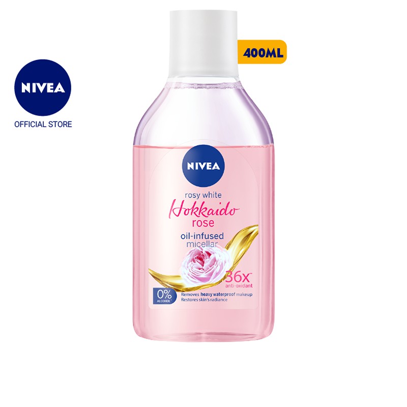 1ef282343b1fa3f91ce56064db4a29f6 Chai nước tẩy trang màu hồng 400ml, nhãn hiệu Nivea, với hoa hồng trên nhãn và thông tin sản phẩm.