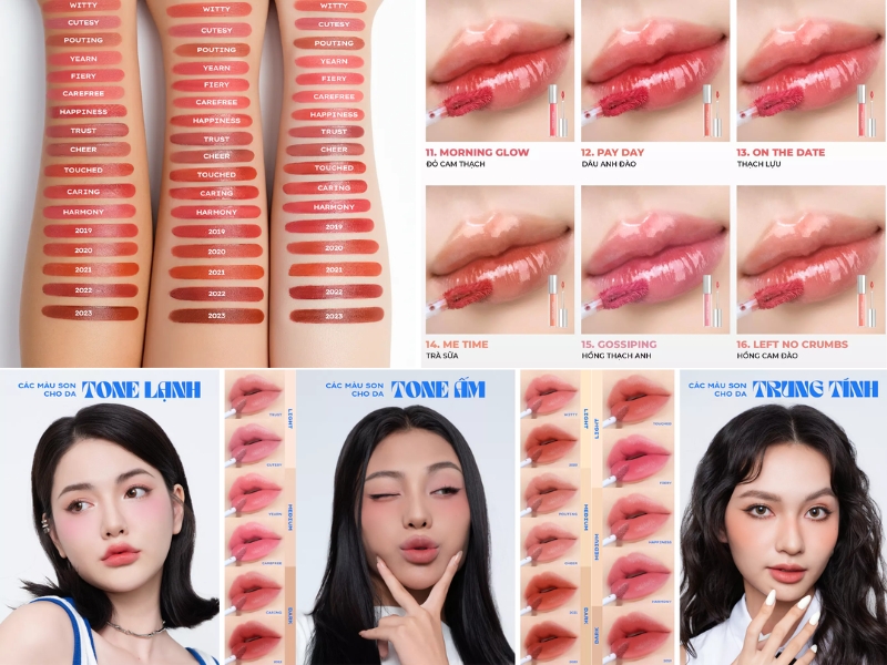 Bảng màu son môi trên cánh tay, hình ảnh quá trình tô son và các tông màu son phù hợp cho từng loại da.