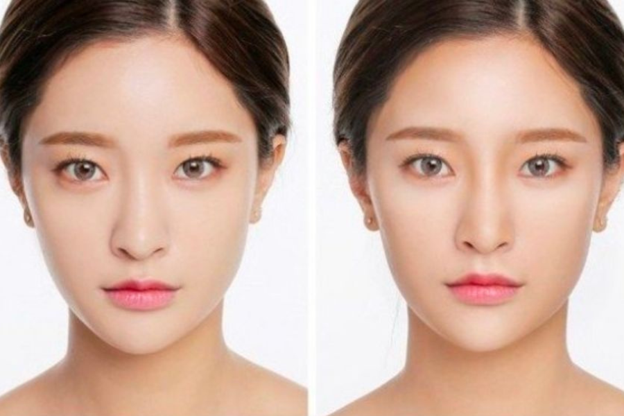 Hai bức ảnh chân dung của một người phụ nữ với kiểu tóc và trang điểm giống nhau.