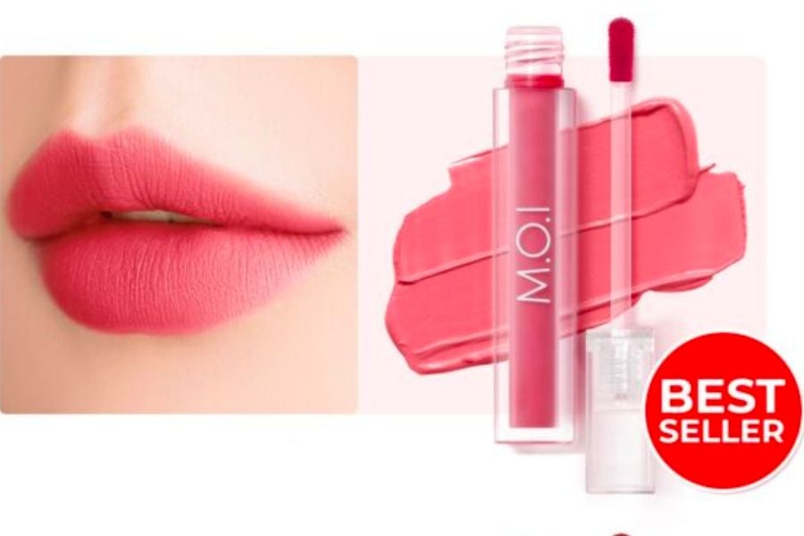 Son môi màu hồng và hình ảnh đôi môi đang thoa son cùng nhãn "Best Seller" màu đỏ.