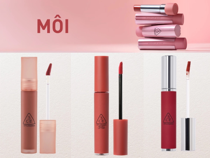 Các loại son môi đa dạng màu sắc và thiết kế, bao gồm thỏi son và son kem, trên nền màu hồng.