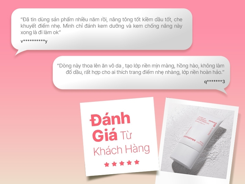 21ca1a50-review-kem-chong-nang-nang-tone-innisfree-8 Đánh giá sản phẩm chăm sóc da từ khách hàng kèm hình ảnh sản phẩm kem dưỡng trên nền hồng.