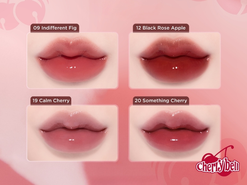 21eca765-son-li-lau-troi-5 Bốn hình ảnh cận cảnh môi với các màu son khác nhau: Indifferent Fig, Black Rose Apple, Calm Cherry, Something Cherry.