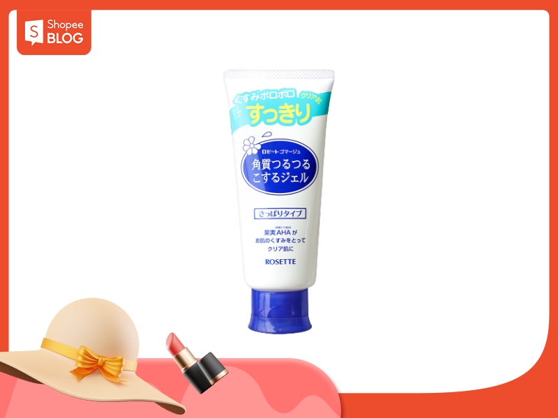 Tuýp gel chăm sóc da màu trắng với nắp xanh, cạnh hình vẽ mũ và son môi.