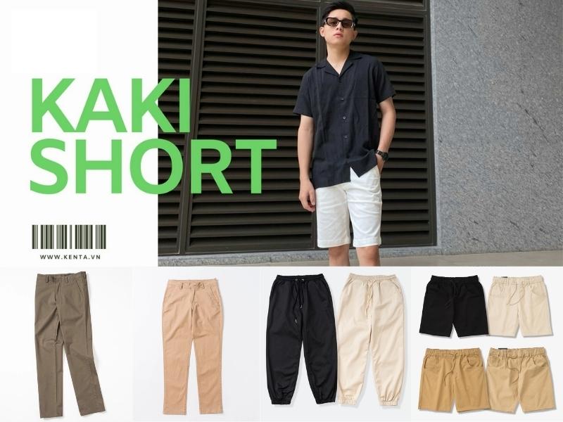Người đứng cạnh tường mặc áo sơ mi đen và quần kaki trắng. Bên dưới là hình ảnh các loại quần kaki khác nhau.