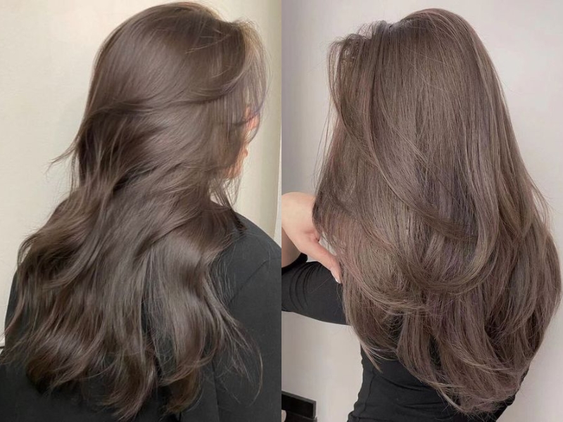 Hai kiểu tóc dài màu nâu, một kiểu uốn nhẹ và một kiểu thẳng, nhìn từ phía sau.