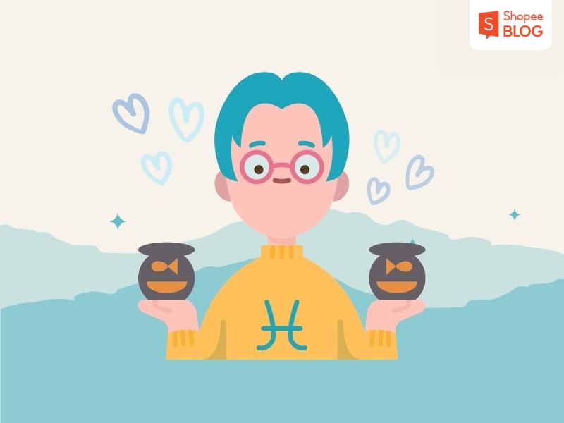 2c3f02cb-song-ngu-hop-voi-cung-nao-3 Minh họa một người đeo kính, tóc xanh, mặc áo có biểu tượng Song Ngư, cầm hai bình nhỏ, xung quanh có hình trái tim.