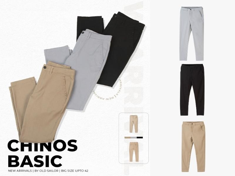 Quần chinos nhiều màu sắc được xếp chồng lên nhau, có kích cỡ lớn và thiết kế đơn giản.