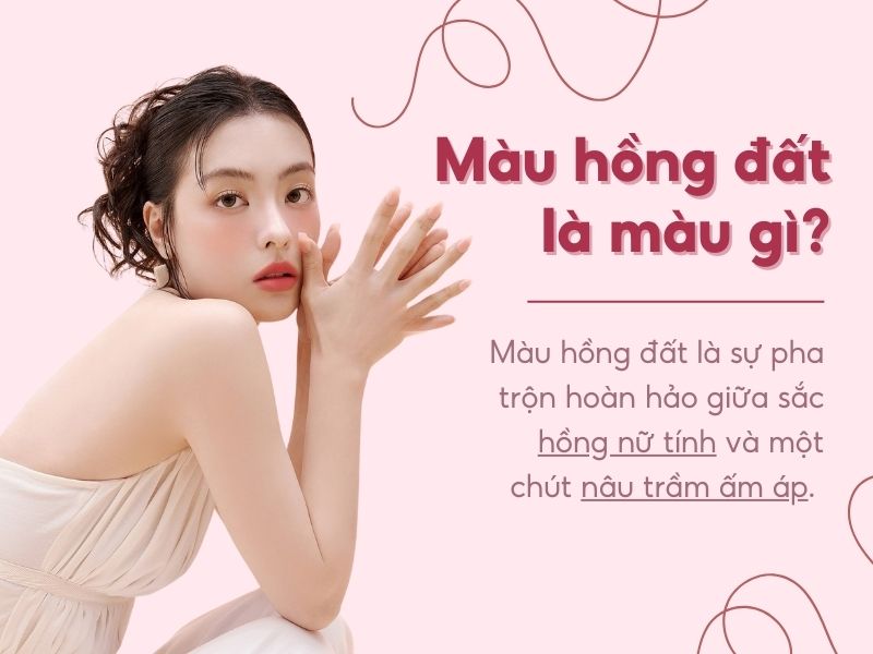 2f05176a-son-mau-hong-dat-dep-1 Một người mặc váy trắng nhìn nghiêng, bên cạnh là dòng chữ giới thiệu về màu hồng đất trên nền hồng.