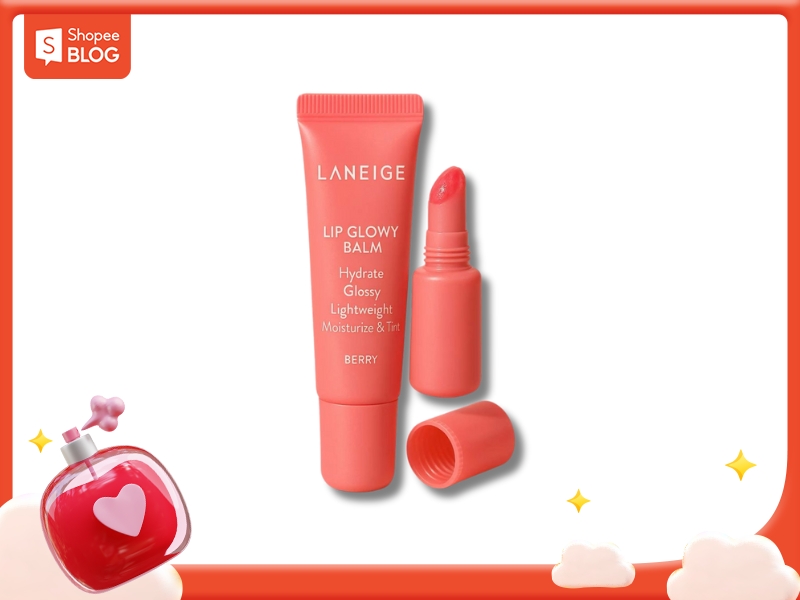 2f39ef1e-review-son-duong-moi-tot-3 Hình ảnh một cây son dưỡng môi và một tuýp son bóng màu hồng cam, trên nền trắng và viền đỏ.