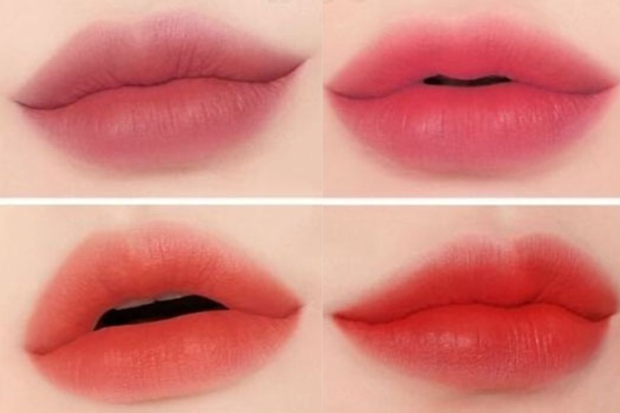 Bốn hình ảnh môi với sắc thái son khác nhau, từ hồng nhạt đến đỏ đậm, thể hiện các kiểu trang điểm môi.