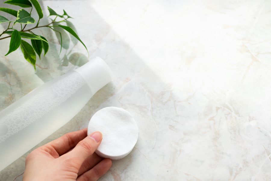 Một tay cầm bông tẩy trang cạnh chai nước tẩy trang, trên nền đá cẩm thạch, có một nhánh cây xanh.