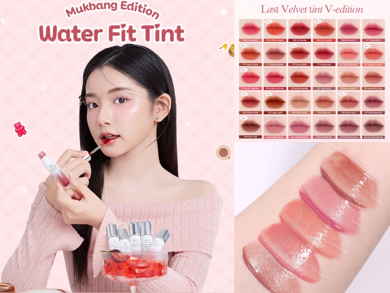 Người mẫu đang thoa son tint, bên cạnh là bảng màu son và hình ảnh mẫu thử trên tay.