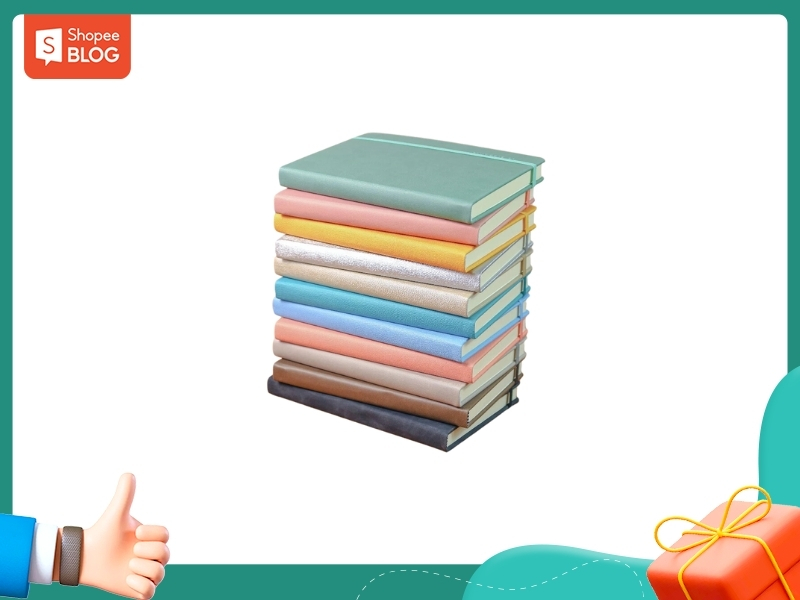 Chồng sách nhiều màu sắc xếp chồng lên nhau, bên cạnh là biểu tượng bàn tay giơ ngón cái và hộp quà.
