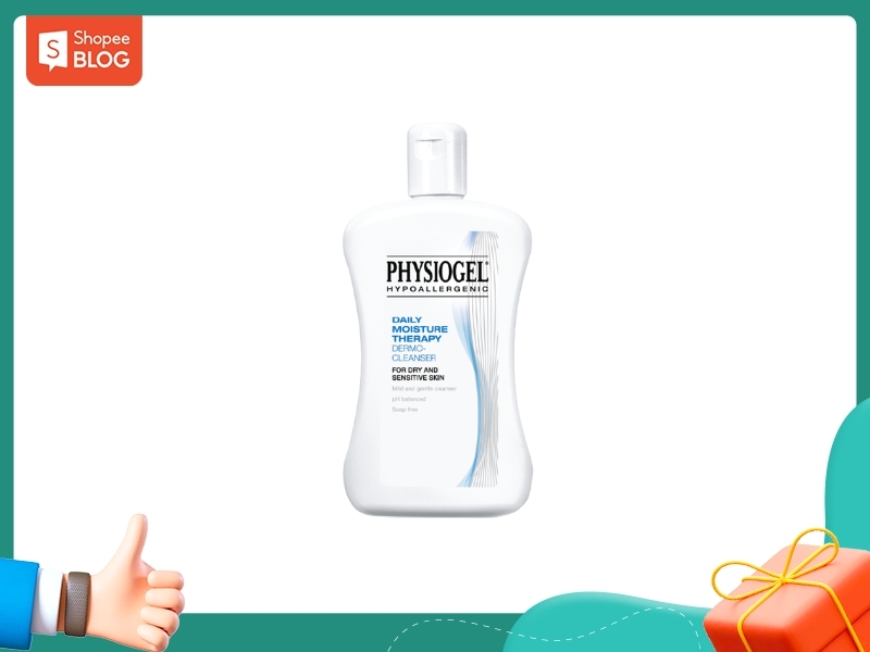 35c058f3-sua-rua-mat-cho-da-kho-nhay-cam-25 Chai sữa rửa mặt Physiogel Hypoallergenic nằm giữa, nền trắng, góc dưới có biểu tượng ngón tay cái và hộp quà.