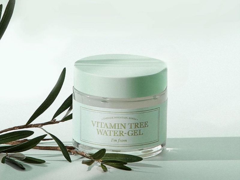 3a59ec3f-kem-duong-ban-dem-cho-da-dau-2 Hũ gel dưỡng da màu xanh nhạt, bên cạnh là nhánh cây với lá xanh, nền màu sáng.
