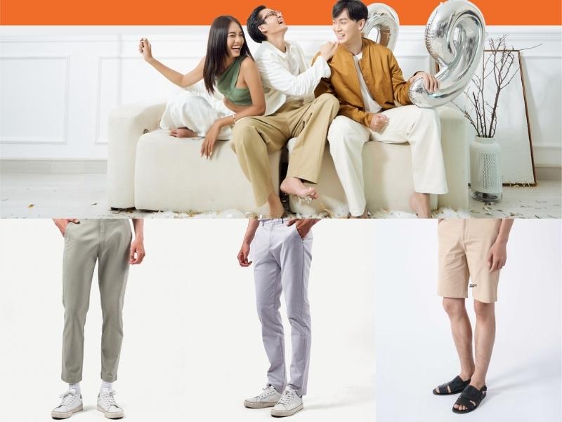Ba người ngồi trên ghế sofa, phía dưới là hình ảnh quần dài và quần short nam.